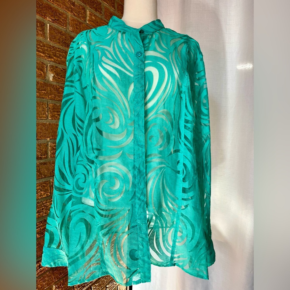 Turquoise Swirl Sheer Button-Up Blouse - Women Tops